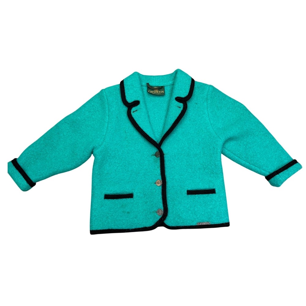 Giesswein Boiled Wool Jacket Teal Turquoise Black Trim‎ Made in Austria Sz 4 VTG